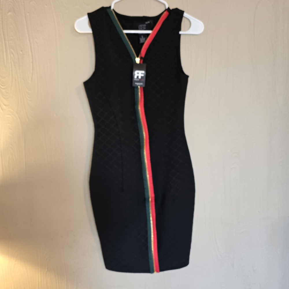 Chic RedFox Black Mini Dress with Red and Green Zip Stripes Sz Large